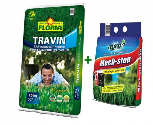 Agro Floria Travin trávníkové hnojivo 20 kg + Mech stop 10kg ZDARMA