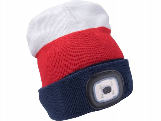 čepice s čelovkou 4x45lm, nabíjecí, USB, bílá/červená/modrá, univerzální velikost